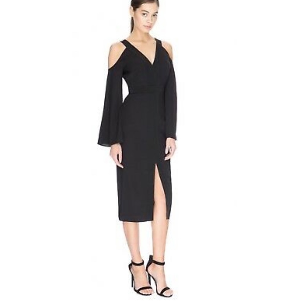 NWT KEEPSAKE THE LABEL S COLD SHOULDER BELL SLEEVE MIDI DRESS IN BLACK was $240